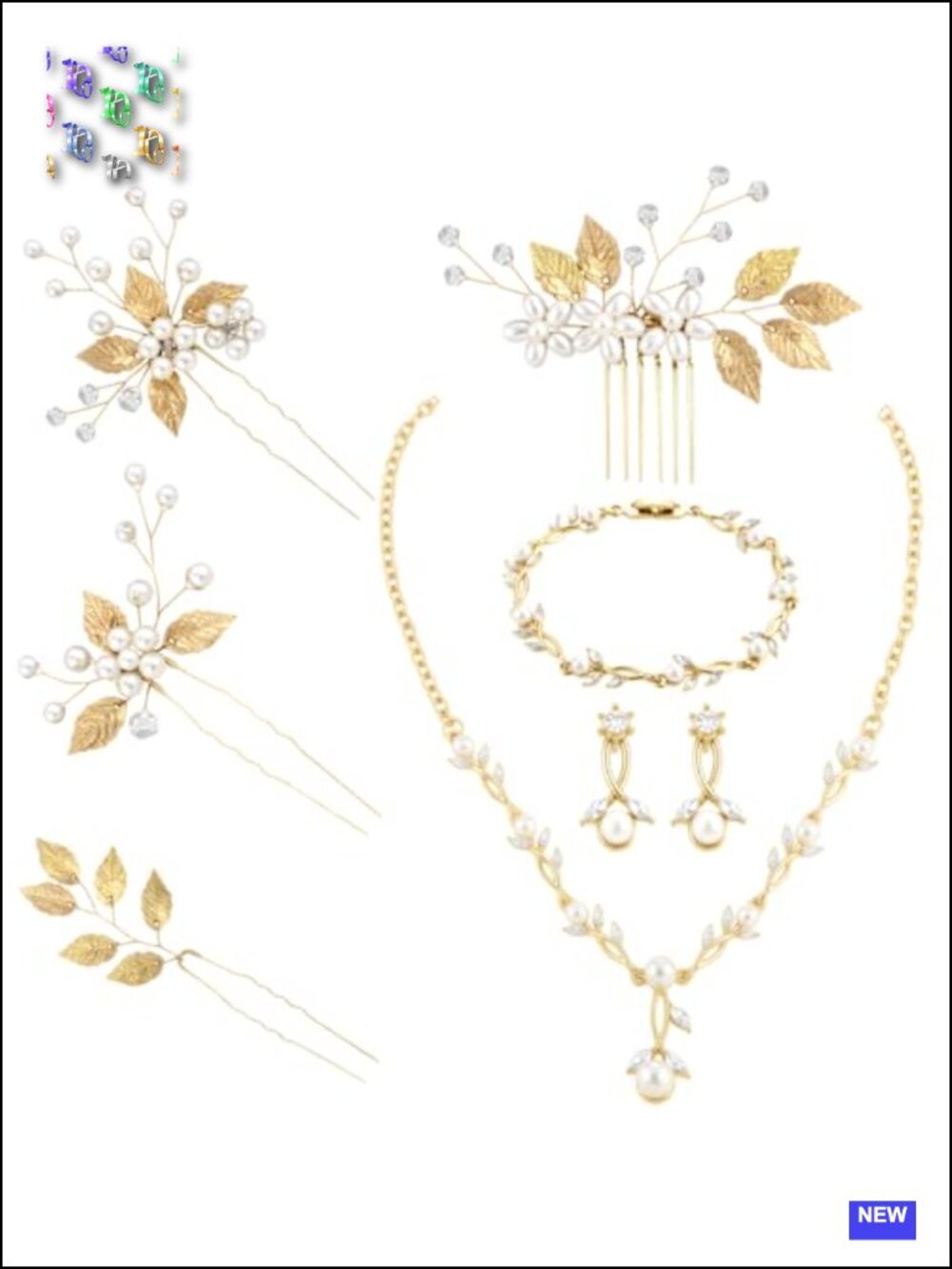 8 Pcs Crystal Wedding Jewelry Set Gold Leaf Pearl Necklace Earrings Bracelet